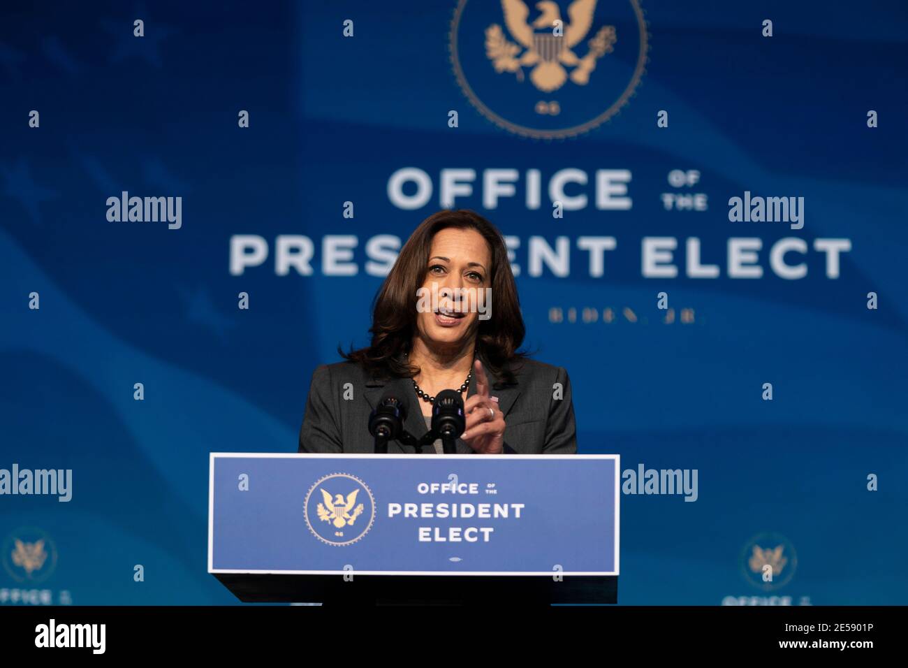 US Vice President-elect Kamala Harris speaks during an event to announce new cabinet nominations at the Queen Theatre on December 19, 2020 in Wilmington, Delaware. Credit: Alex Edelman/The Photo Access Stock Photo
