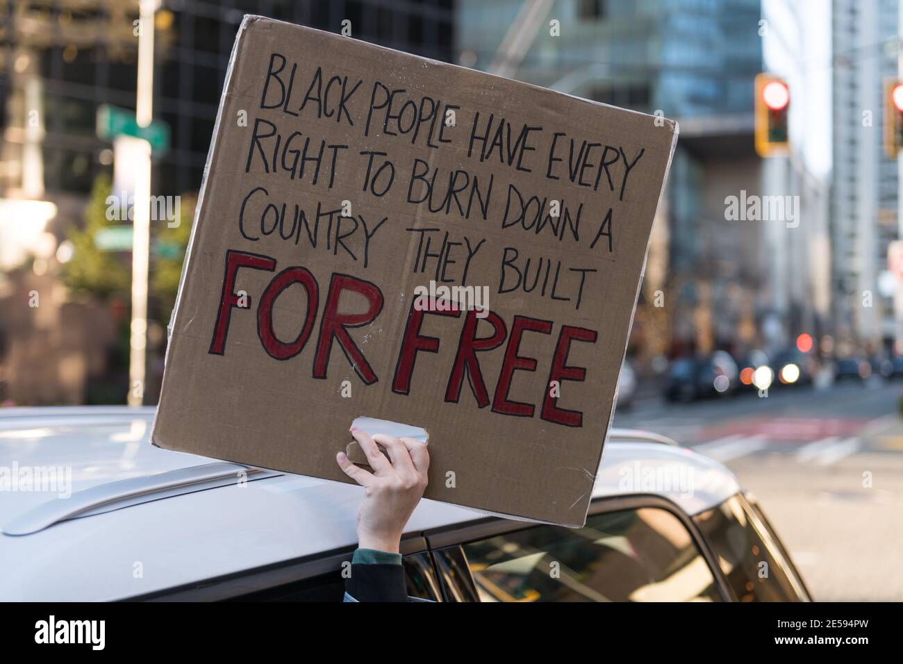 Seattle, USA. 23 Jan, 2021:  Mid-day a protest sign at the March for indigenous Sovereignty Protest in downtown. Stock Photo