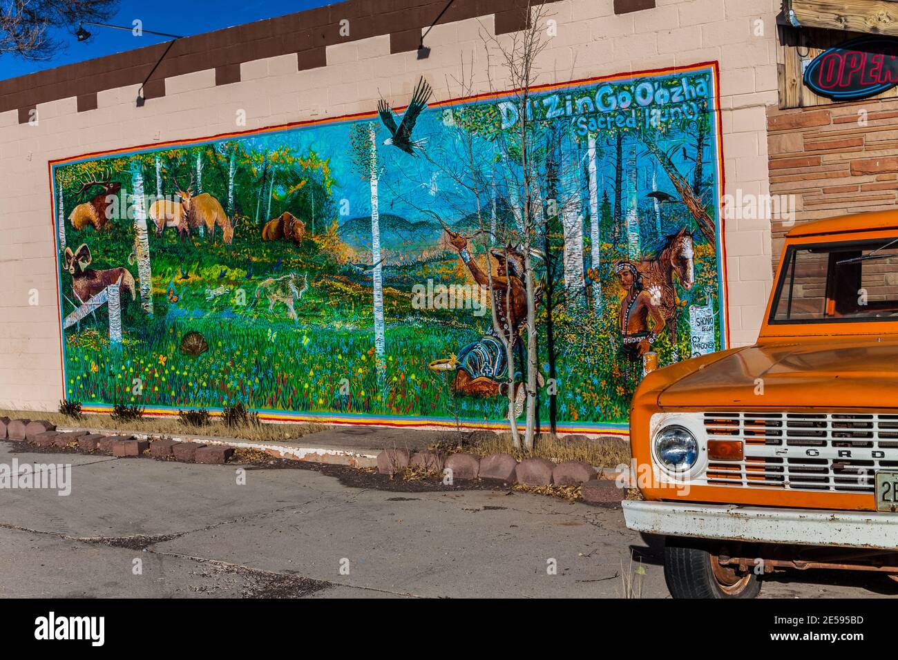 The Sacred Hunt Mural on Route 66, Williams, Arizona, USA Stock Photo