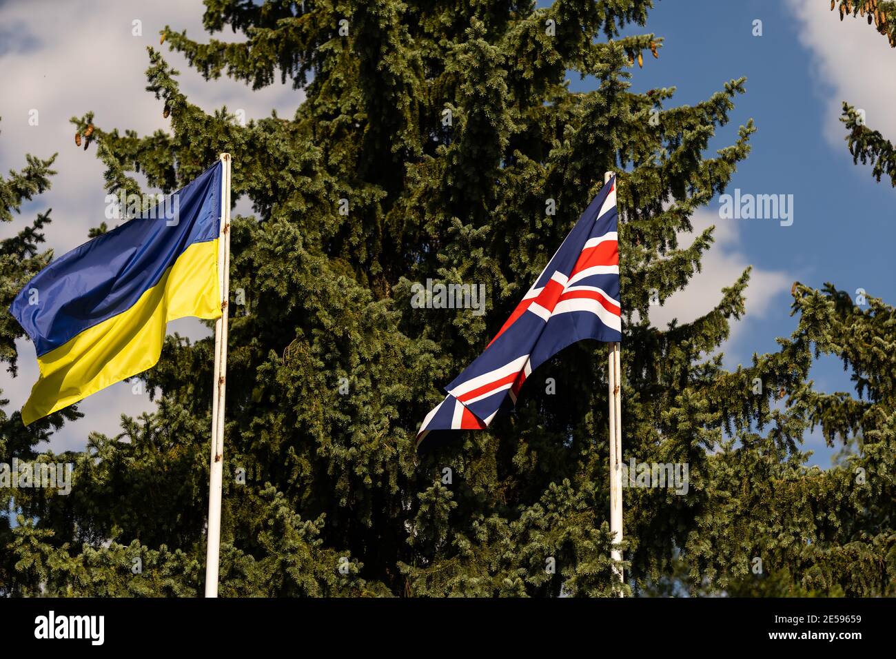 Flags of Ukraine and United Kingdom of Great Britain Stock Photo