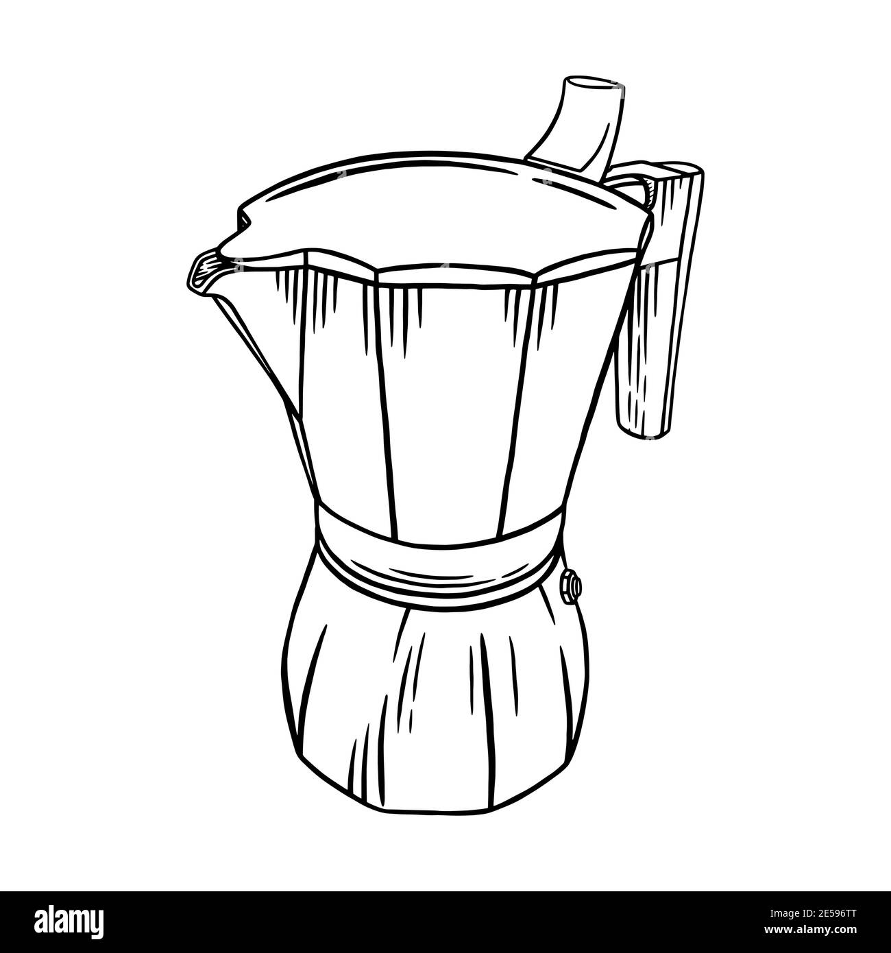 Coffee moka pot engraved illustration. Coffee brew pot isolated in white background. Black and white sketch vector illustration Stock Vector