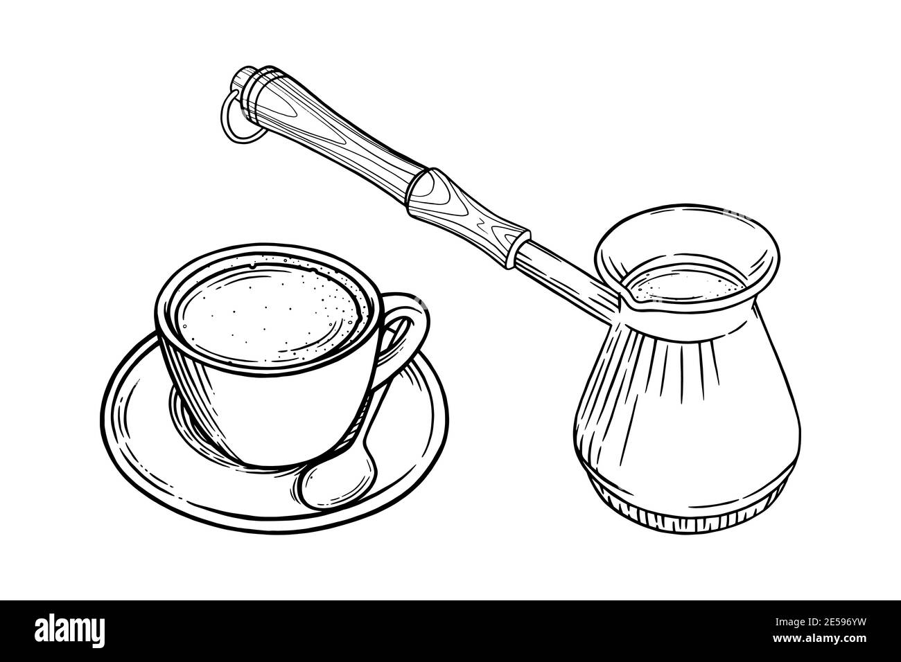 Coffee cup with cappuccino and turkish pot. Engraved sketch set of coffee mug and pot. Black and white vector illustration Stock Vector
