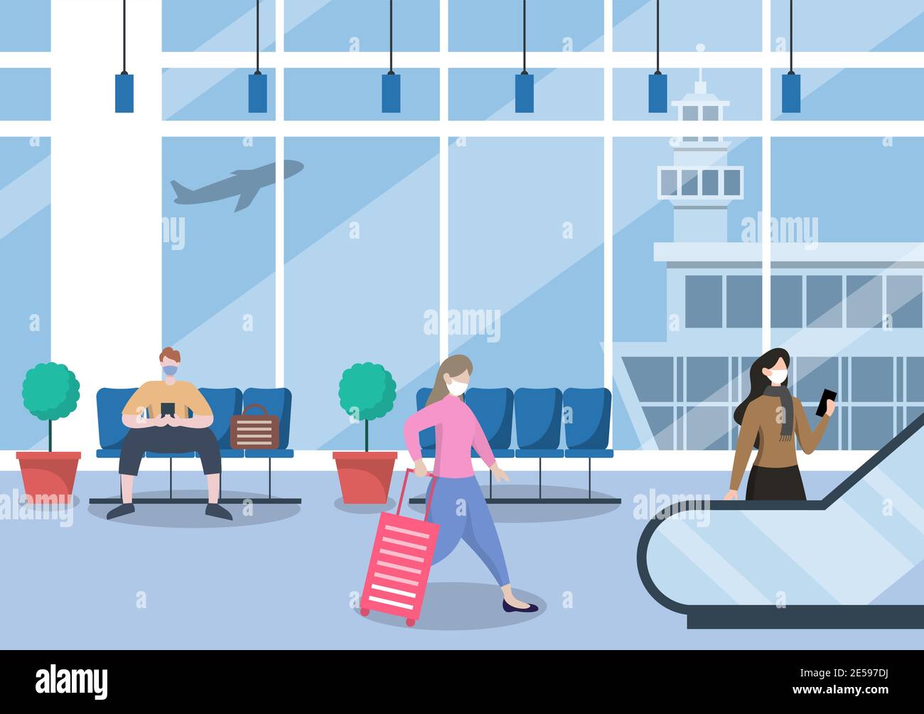 New norma, Vector illustration People in Masks Standing on Escalator ...