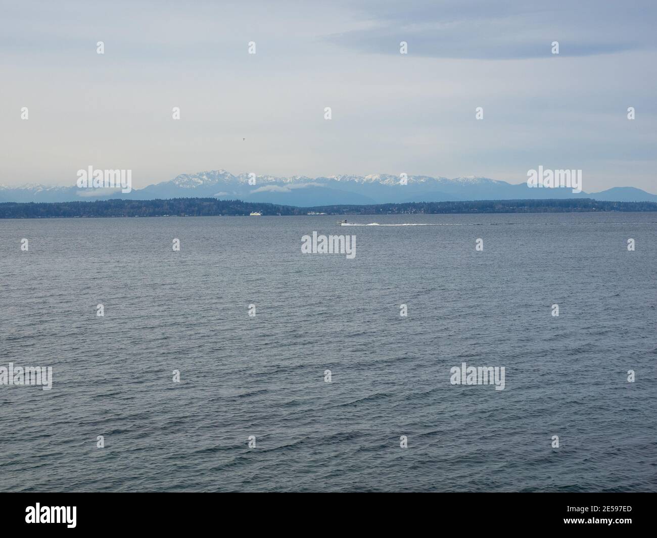 Alki Beach Park is a 135.9-acre (55.0 ha) park located in the West Seattle neighborhood of Seattle, Washington that consists of the Elliott Bay beach Stock Photo