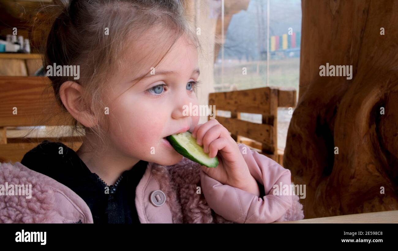 Cute little girl in warm outerwear biting slice of fresh cucumber while sitting at table in rustic style restaurant in countryside Stock Photo