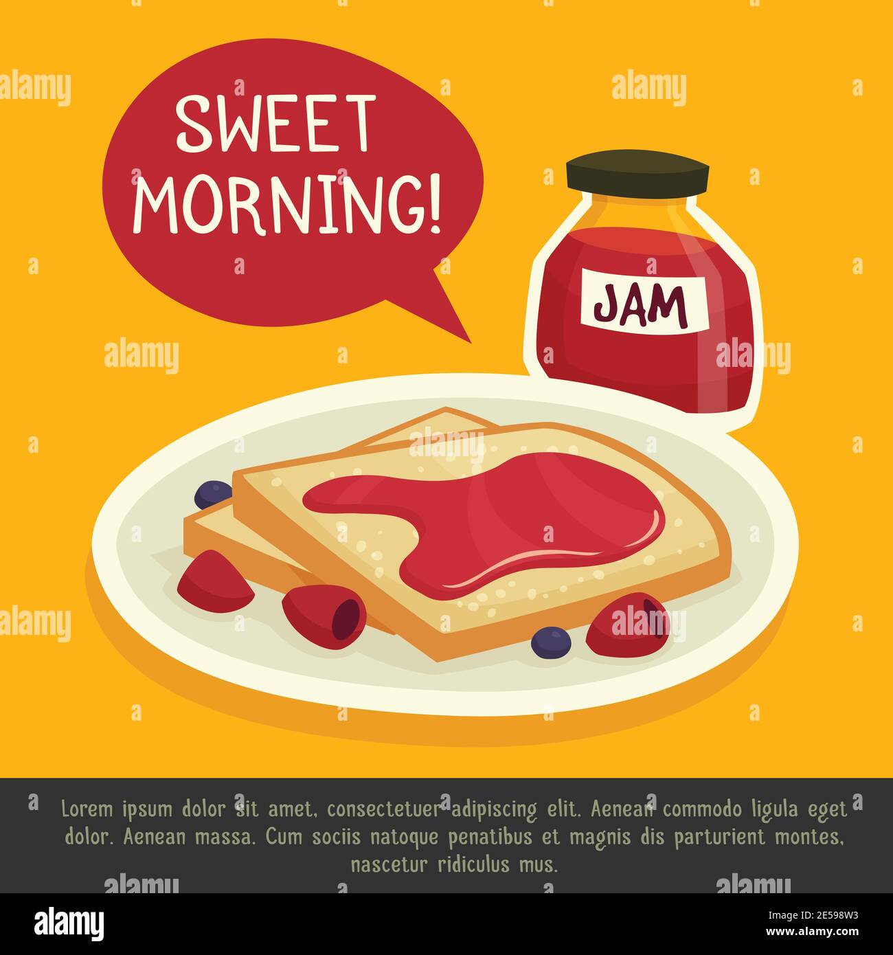 Breakfast design concept with plate of toasts jar of jam and sweet ...