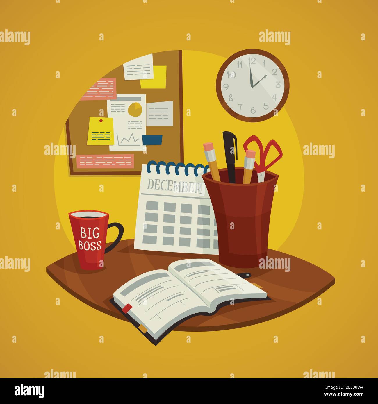 Workplace design concept set with datebook calendar  cup of coffee and wall clock vector illustration Stock Vector