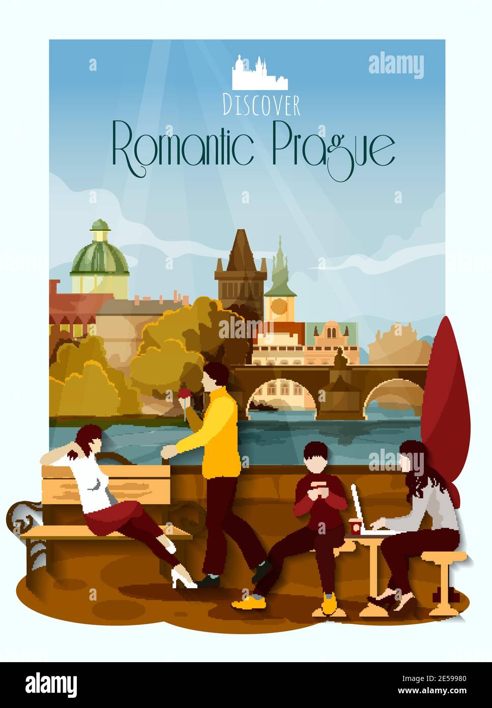 Romantic Prague poster with loving couple and landmarks on background vector illustration Stock Vector