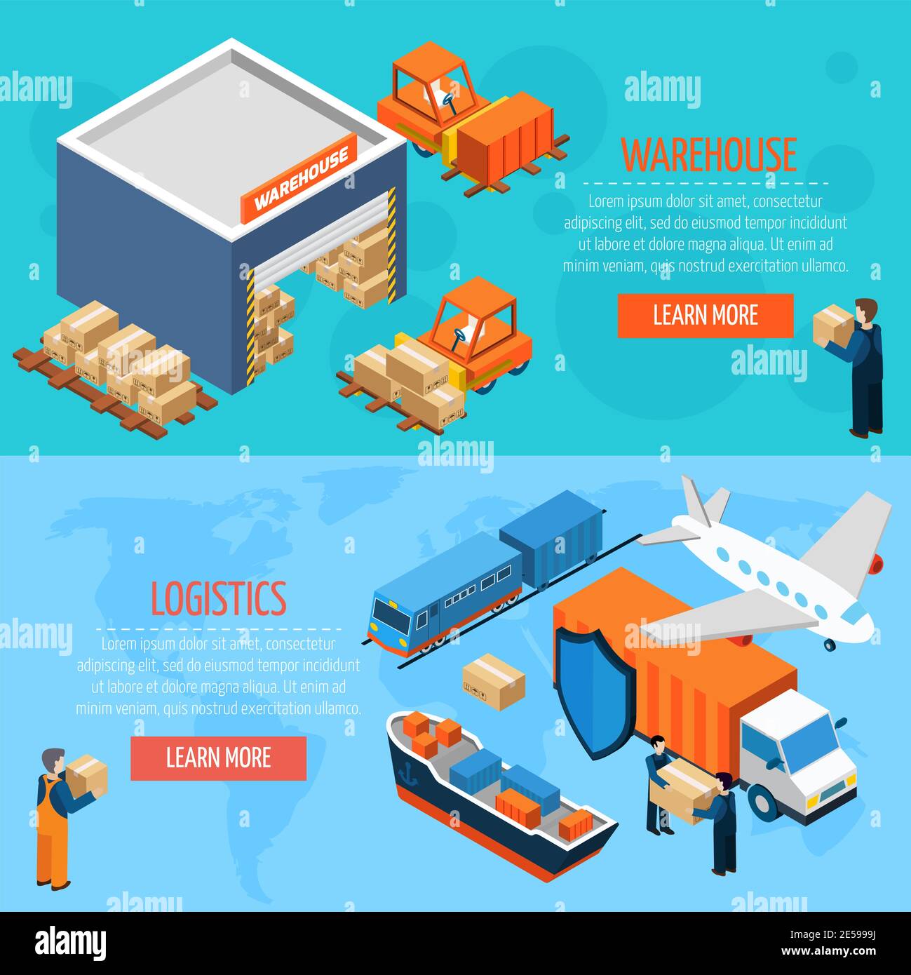 Isometric warehouse logistics horizontal banners with workers boxes ...