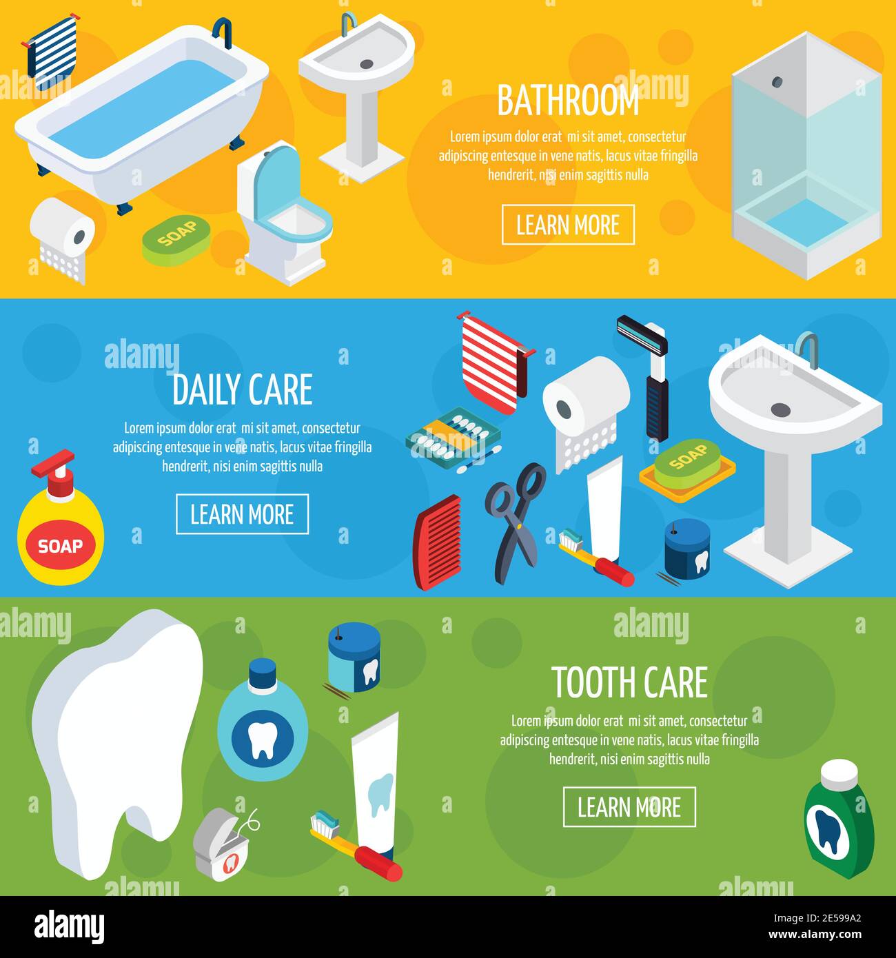 Isometric horizontal hygiene banners with bathroom objects and means of