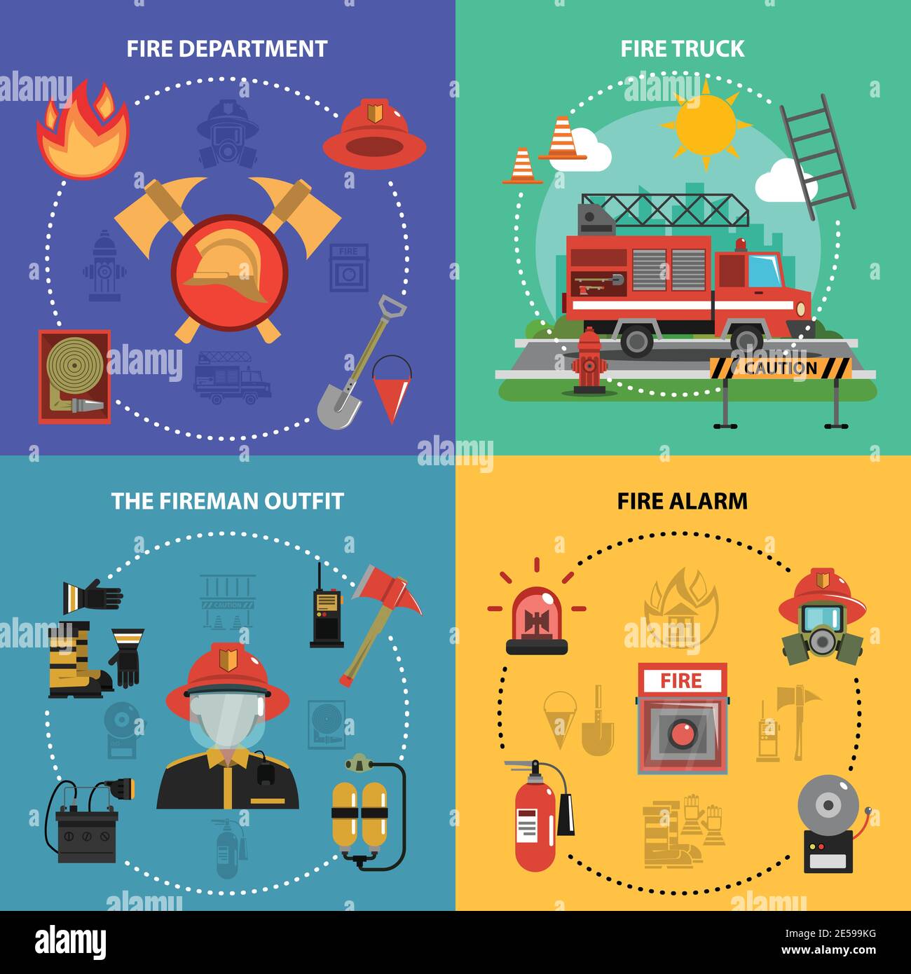 Fire fighting design concept set with fireman truck outfit alarm flat ...