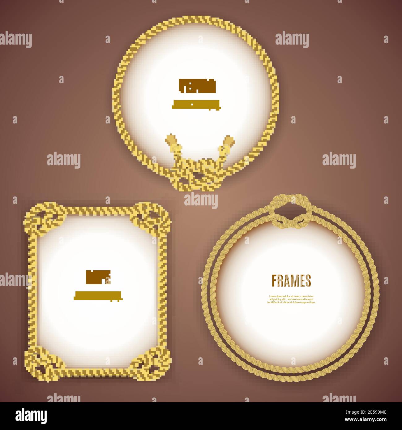Round and square vintage rope frames on the brown background isolated ...