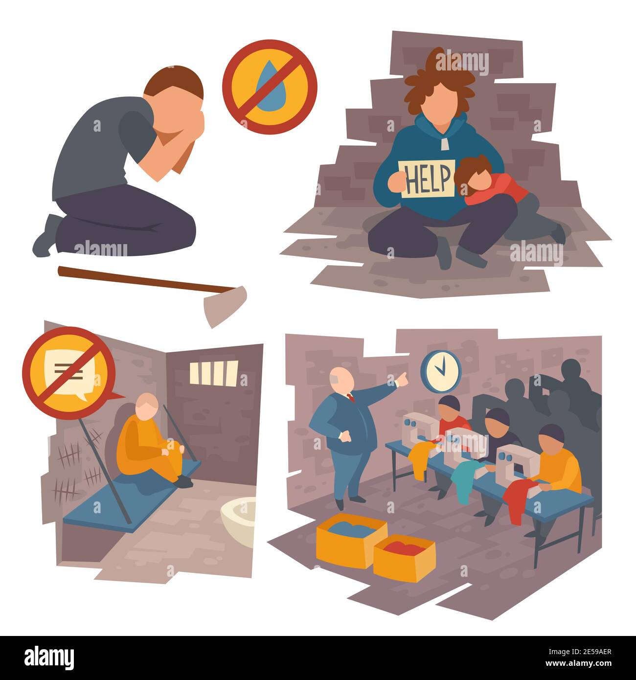 Set of people in trouble, kneel man crying of water lack, prisoner sitting on bed in jail communication ban, poor father with child beg, workers on sewing factory, Cartoon flat vector illustration Stock Vector