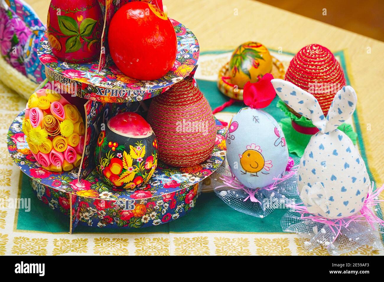 Beautiful Multicolored Easter eggs decorated by hand Stock Photo