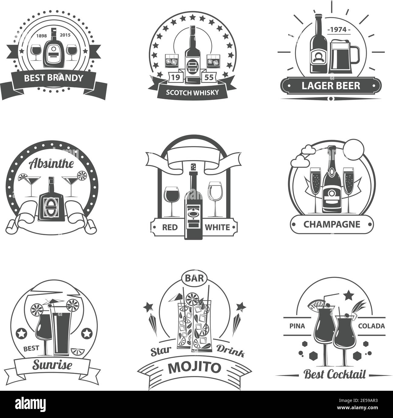 Cocktail label set with premium quality strong liquids beer and wine elements isolated vector illustration Stock Vector