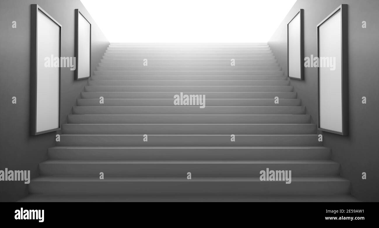 3d stairs going to light and empty white LCD screens for advertising on walls. Exit from underground or subway, staircase construction, ladder building architecture, Realistic vector illustration Stock Vector