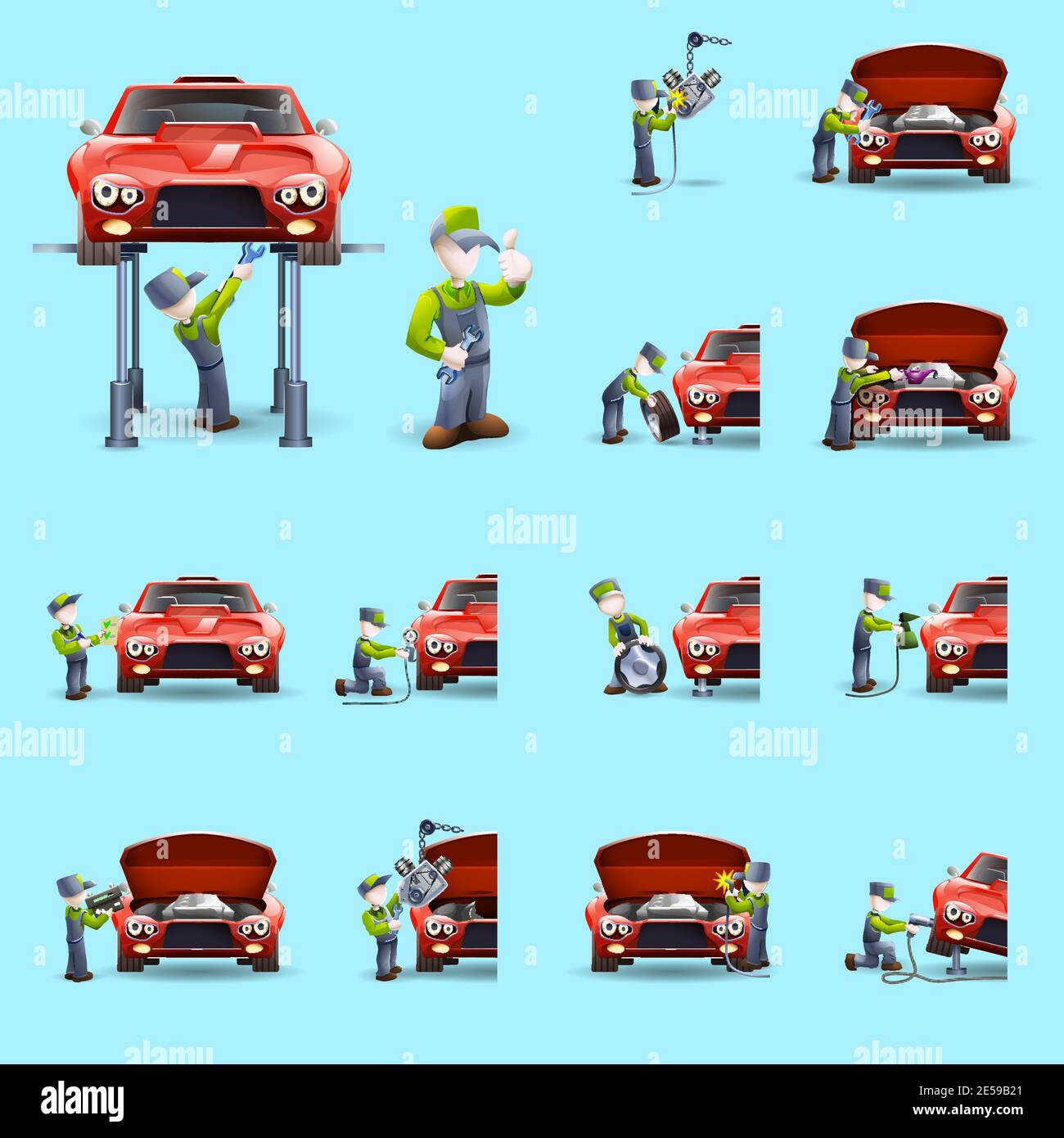 Auto mechanic cartoon character performing full car service abstract colorful isolated icons set abstract vector isolated illustration Stock Vector
