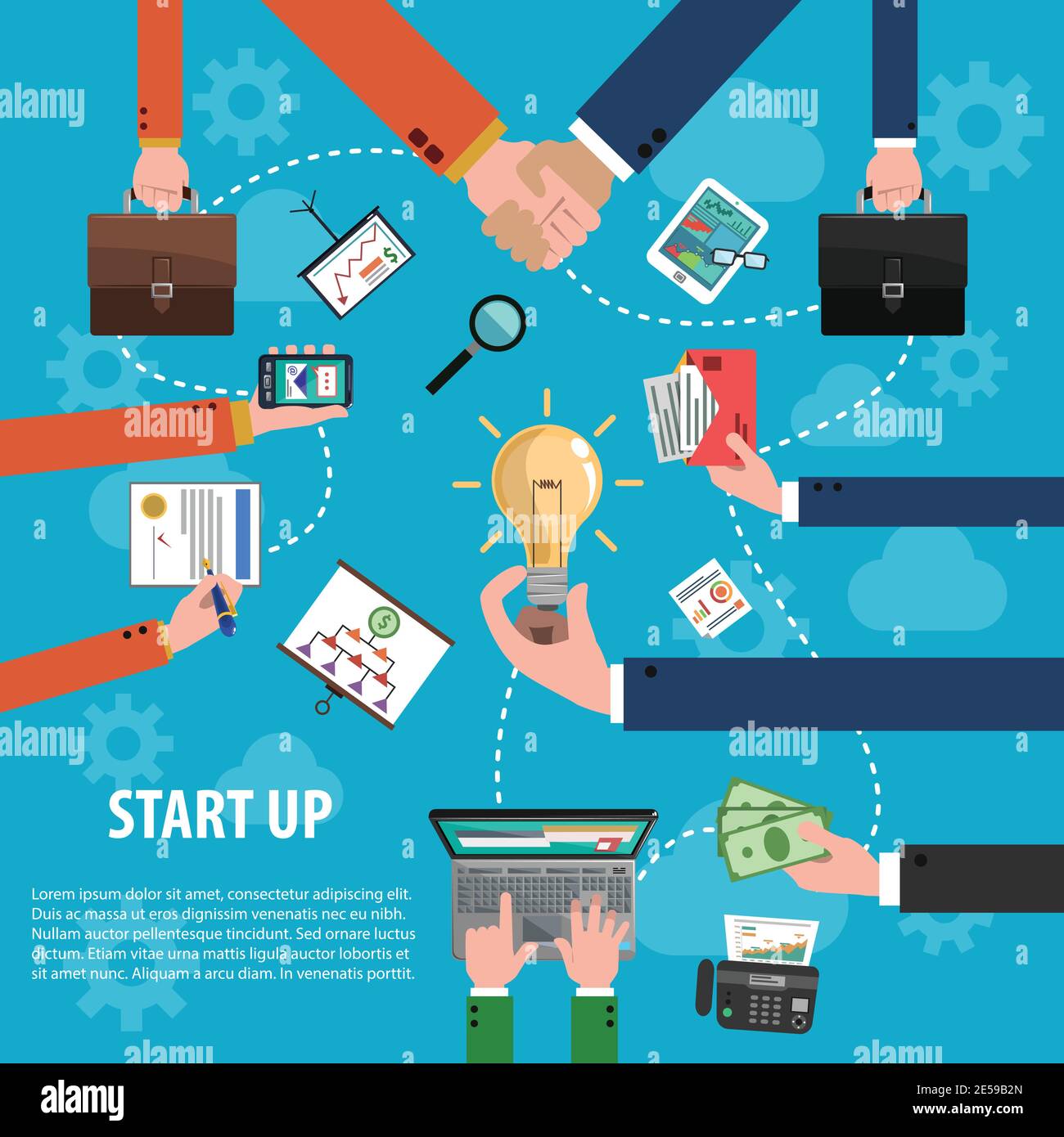 Start up idea concept with flat human hands holding business objects vector illustration Stock Vector