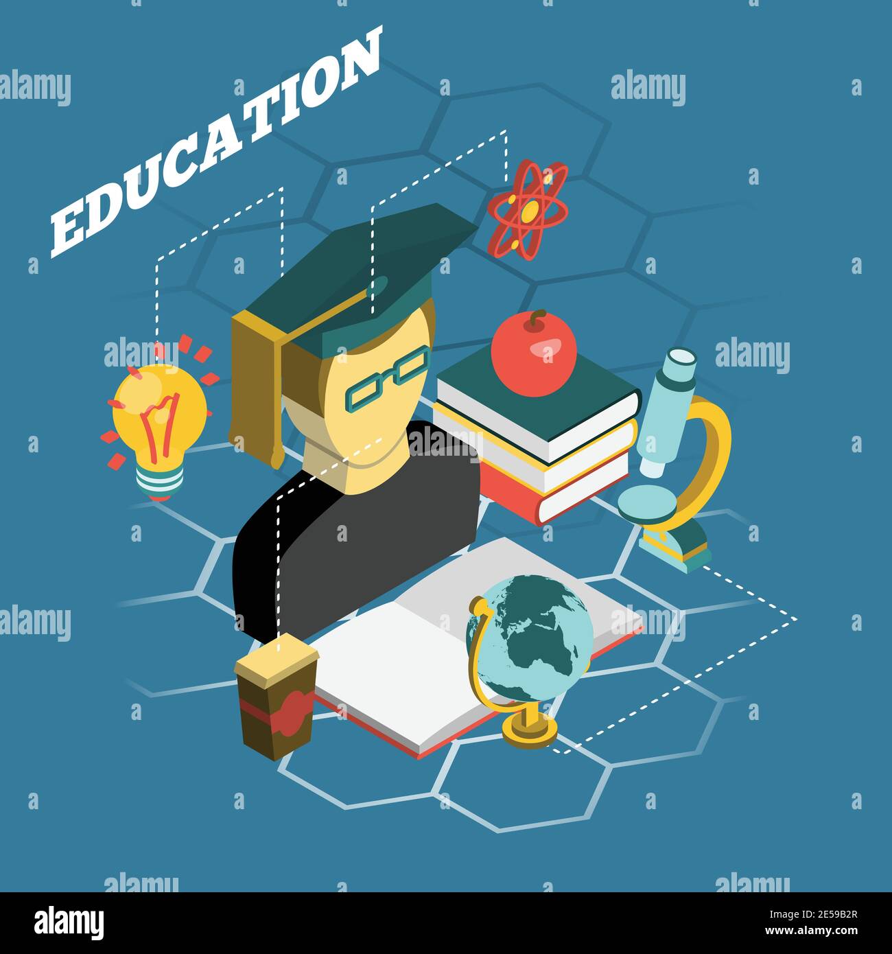 College university traditional scientific education concept isometric banner with atom model and study books abstract vector illustration Stock Vector