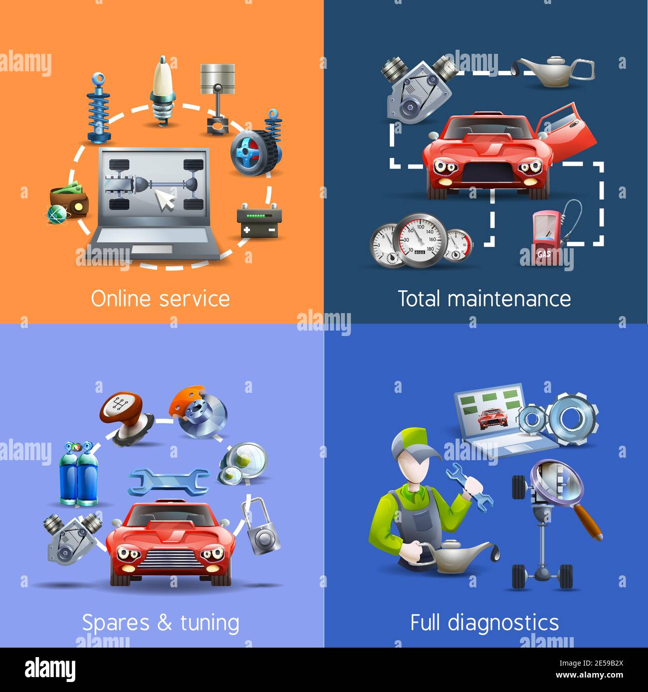 Car maintenance and service cartoon icons set with spares and