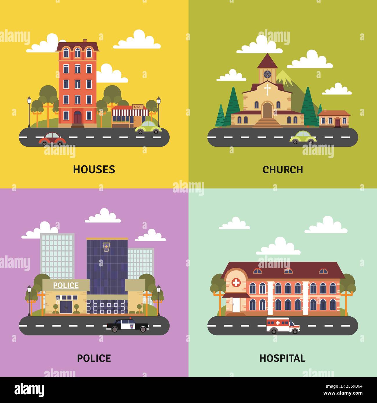 Urban landscape 4 flat icons square composition banner with police department and church abstract isolated vector illustration Stock Vector