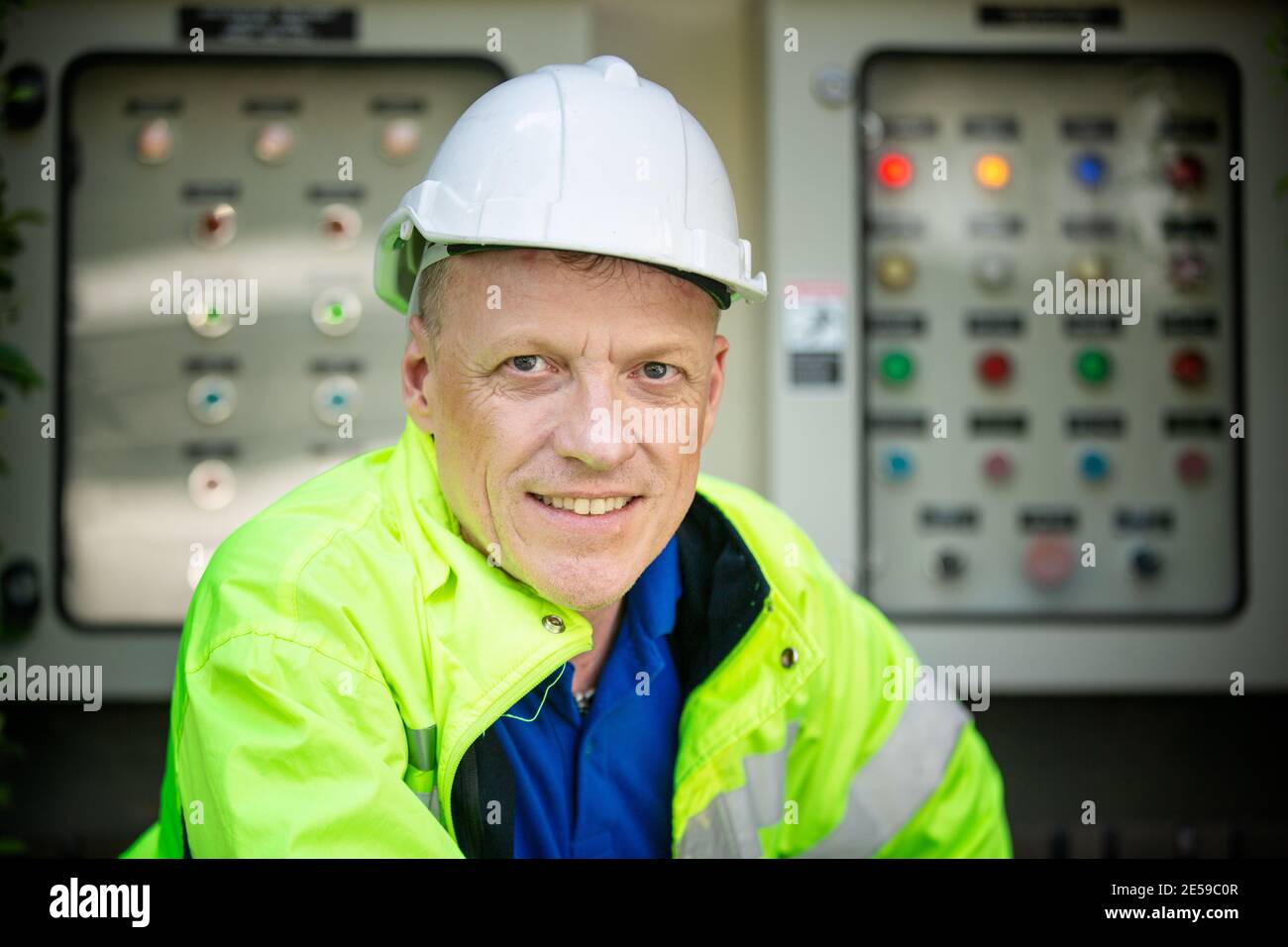 maintenance engineer, Solar energy systems engineer perform analysis solar panels Stock Photo