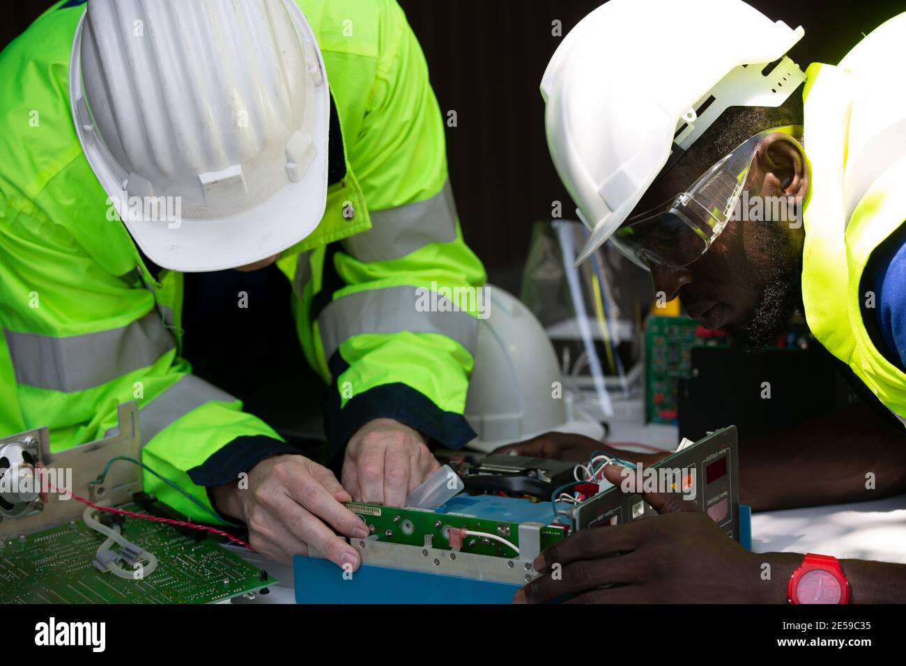 maintenance engineer, Solar energy systems engineer perform analysis solar panels Stock Photo
