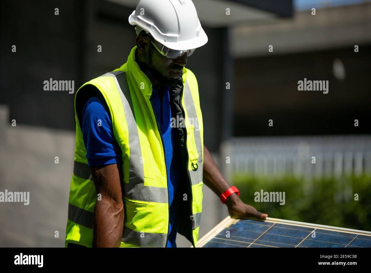 maintenance engineer, Solar energy systems engineer perform analysis solar panels Stock Photo