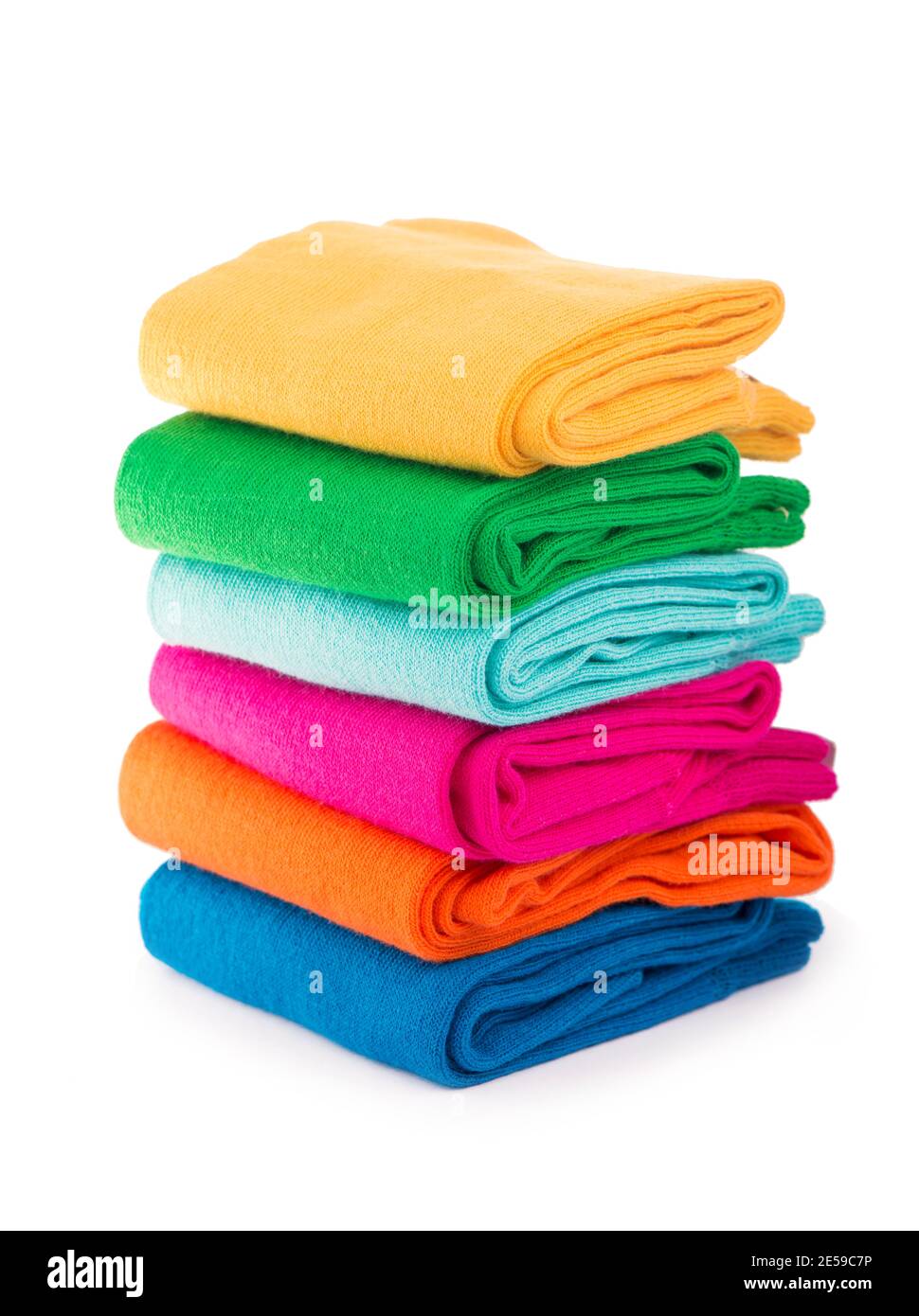colored socks stacked on a white background Stock Photo