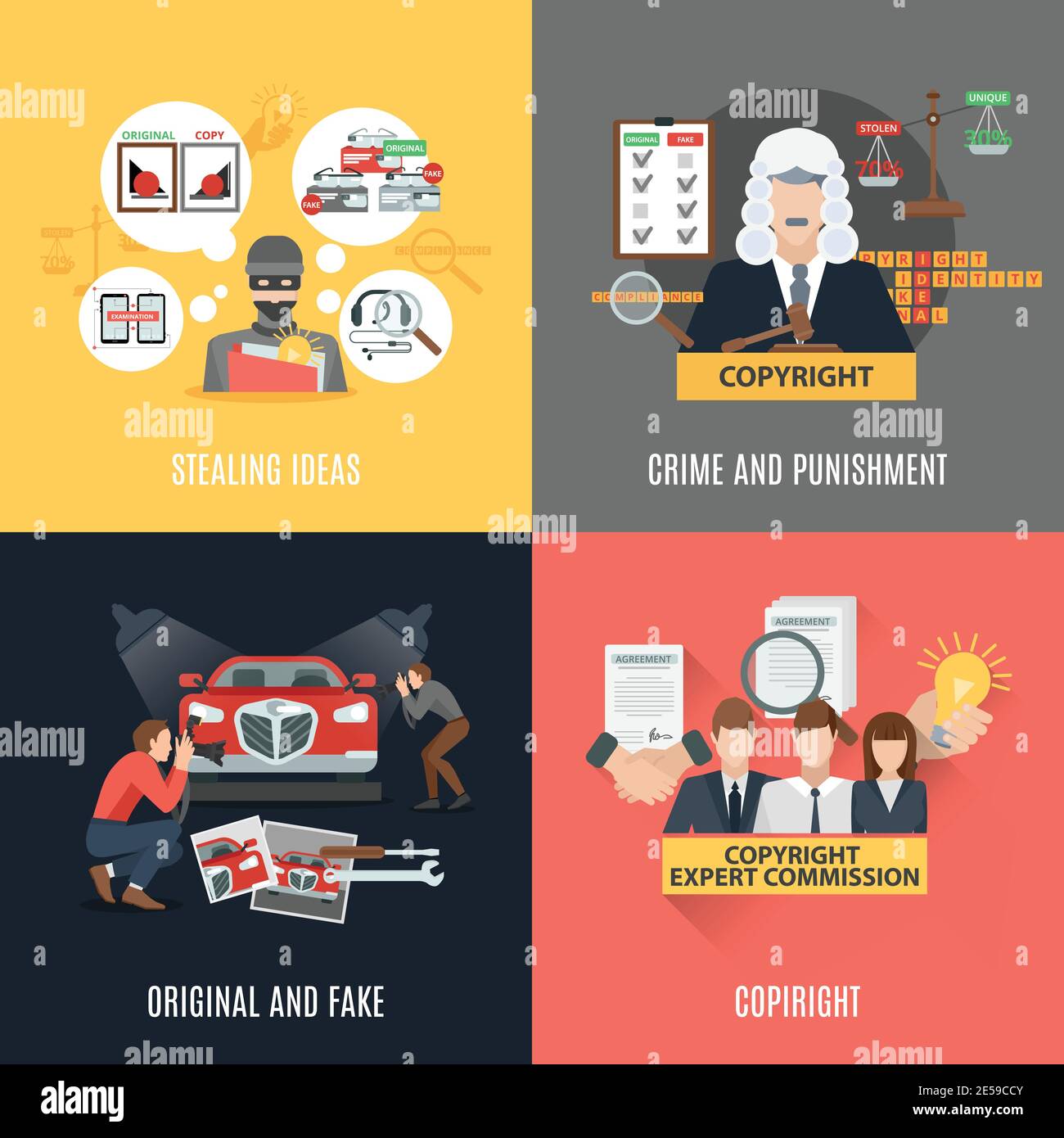 Compliance with copyright law expert commission symbols 4 flat icons ...