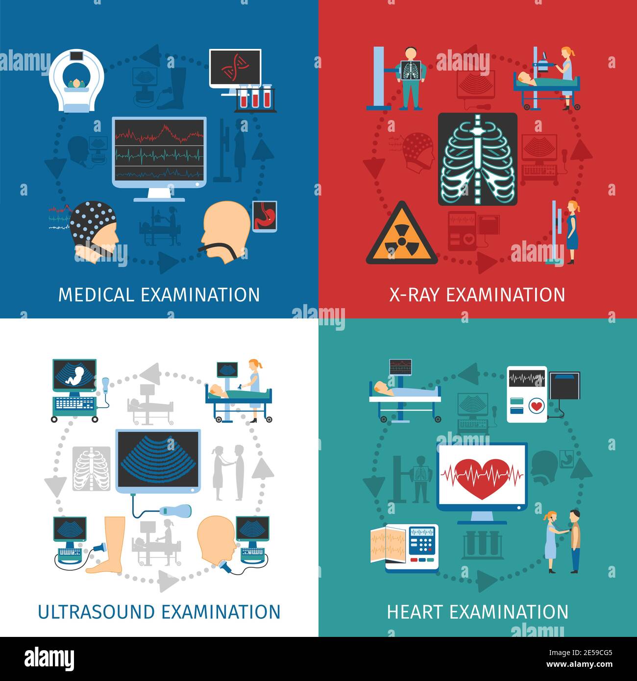 Medical ultrasound and x-ray heart examination 4 flat icons square composition banner abstract isolated vector illustration Stock Vector