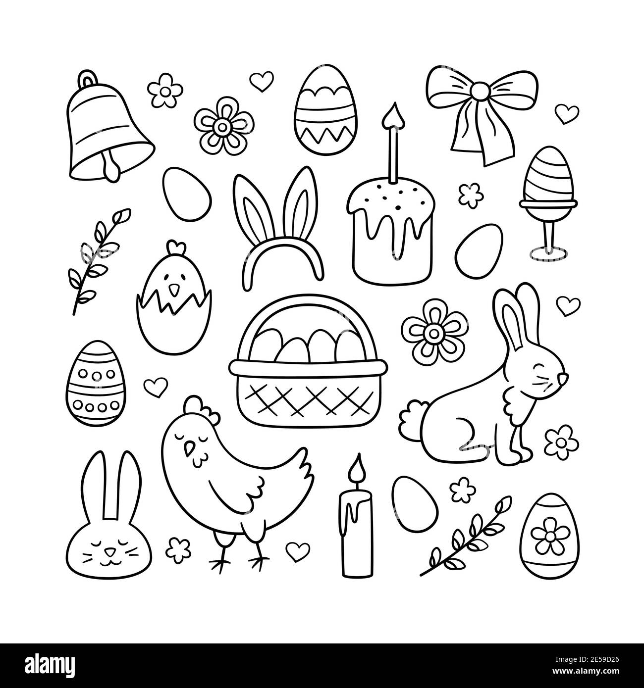 Cute Easter doodle set bunny, basket, easter eggs, cakes, chicken, willow twigs and candles