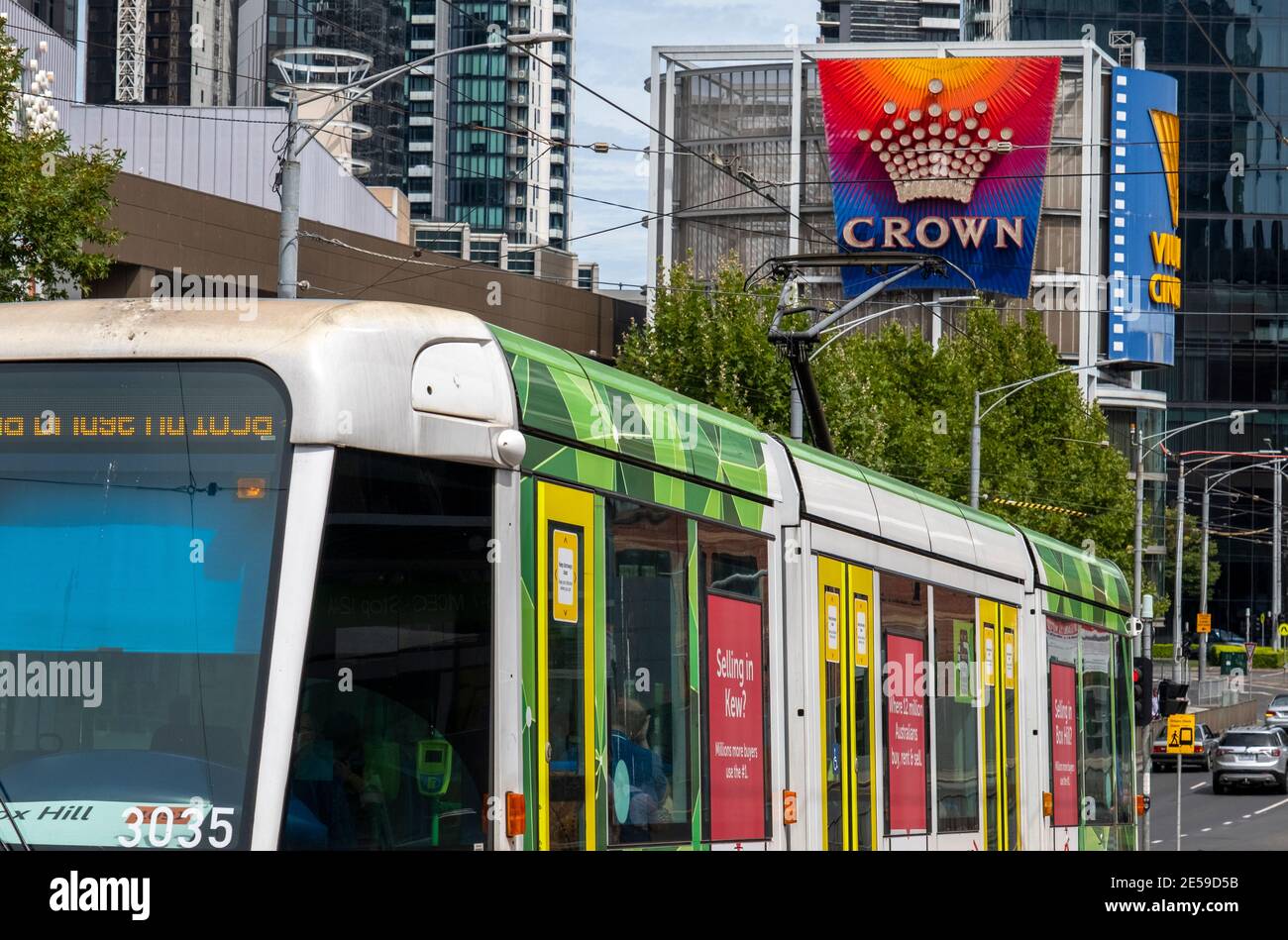 A tram passes the Crown Casino in Southbank, Melbourne, Victoria, Australia Stock Photo