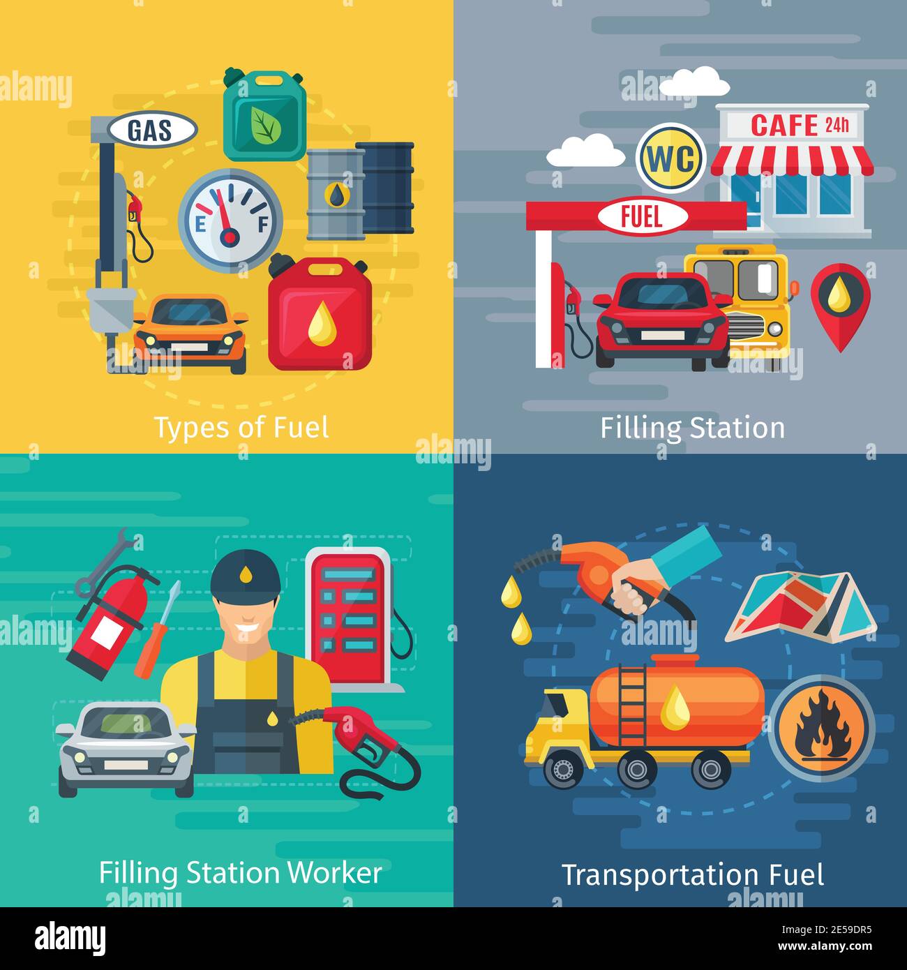 Fuel station concept icons set with oil workers and cars symbols flat
