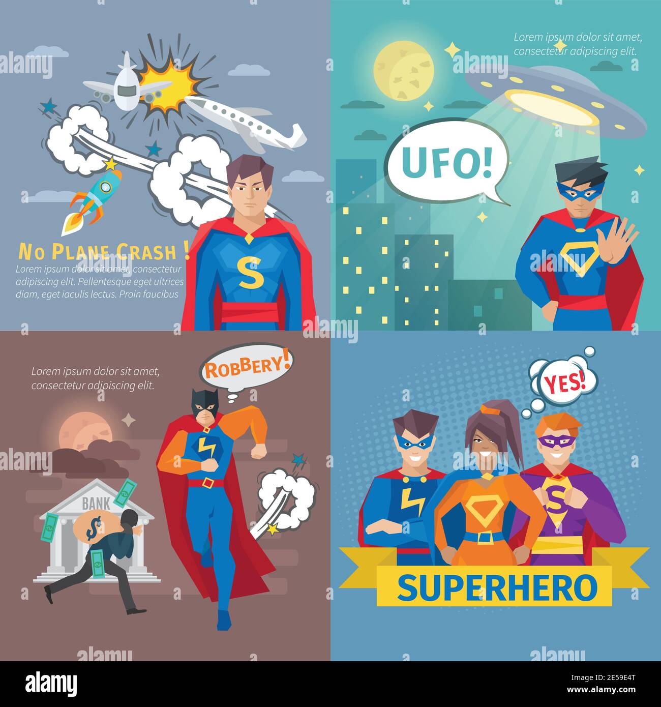 Superhero concept icons set with plane crash and robbery symbols flat ...