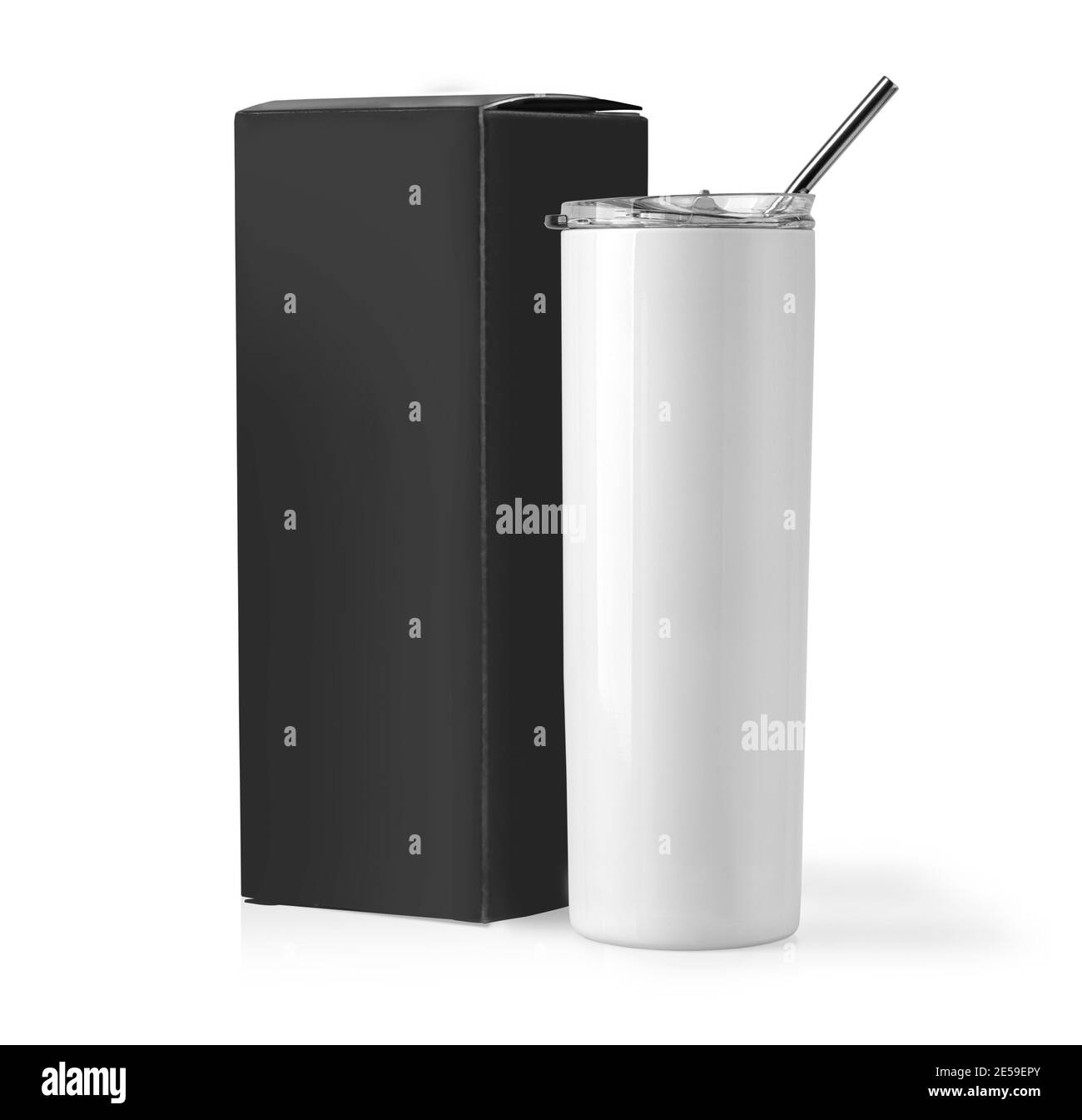 Blank  Stainless Steel Tumbler with Lid  and paper box for branding mock up. Isolated on white Stock Photo