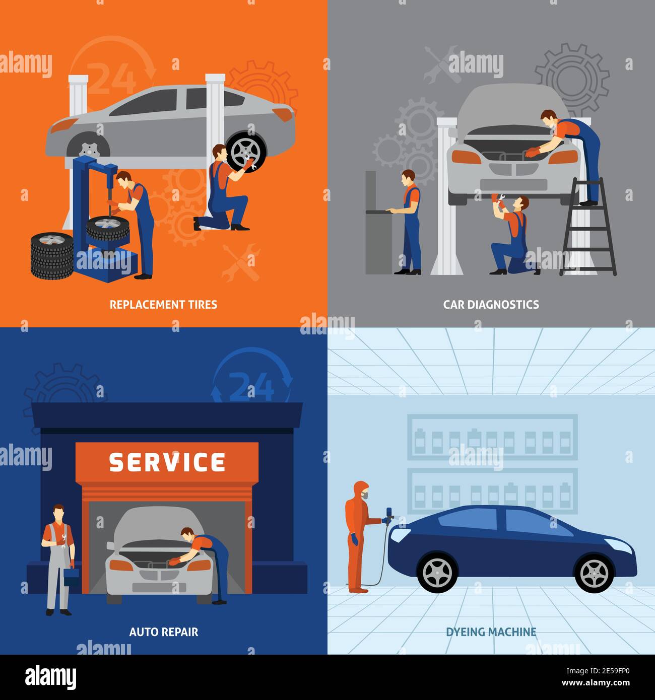 Mechanic design concept set with tires replacement auto repair flat