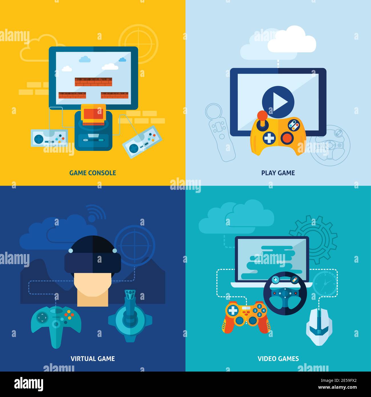 Video game design concept set with virtual play console flat icons
