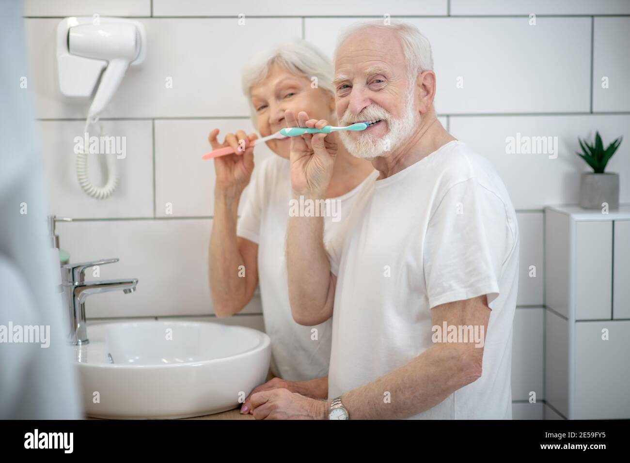 Elderly couple brushing their teeth together and looking contented Stock Photo