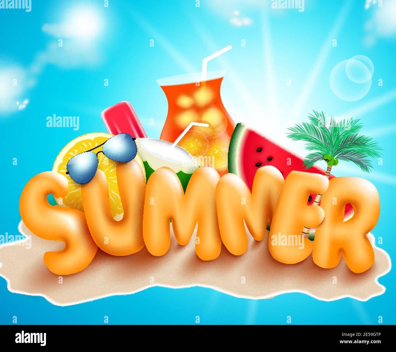 Summer vector concept design. Summer 3d text in island beach with fun ...