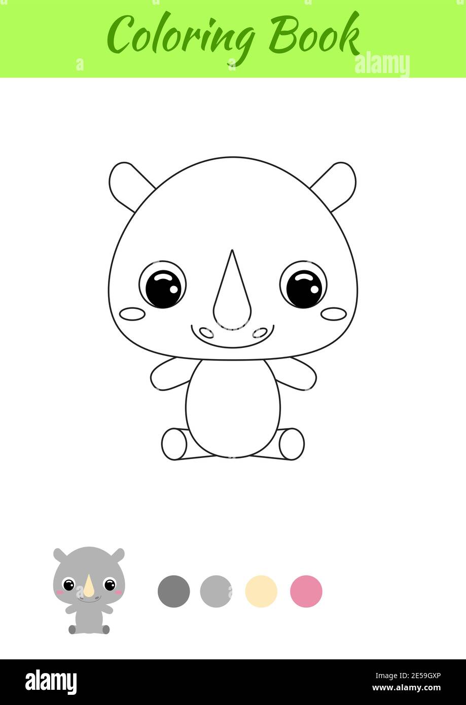 Coloring book little baby rhino sitting. Coloring page for kids. Educational activity for preschool years kids and toddlers with cute animal. Stock Vector
