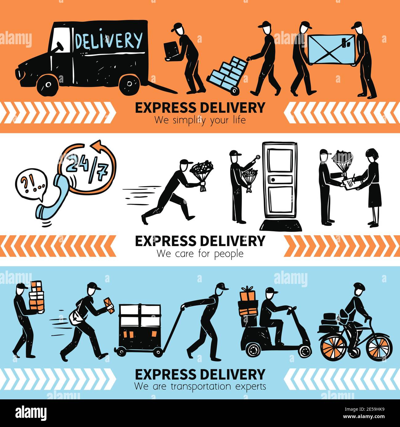 Express delivery horizontal banner set with hand drawn people ...