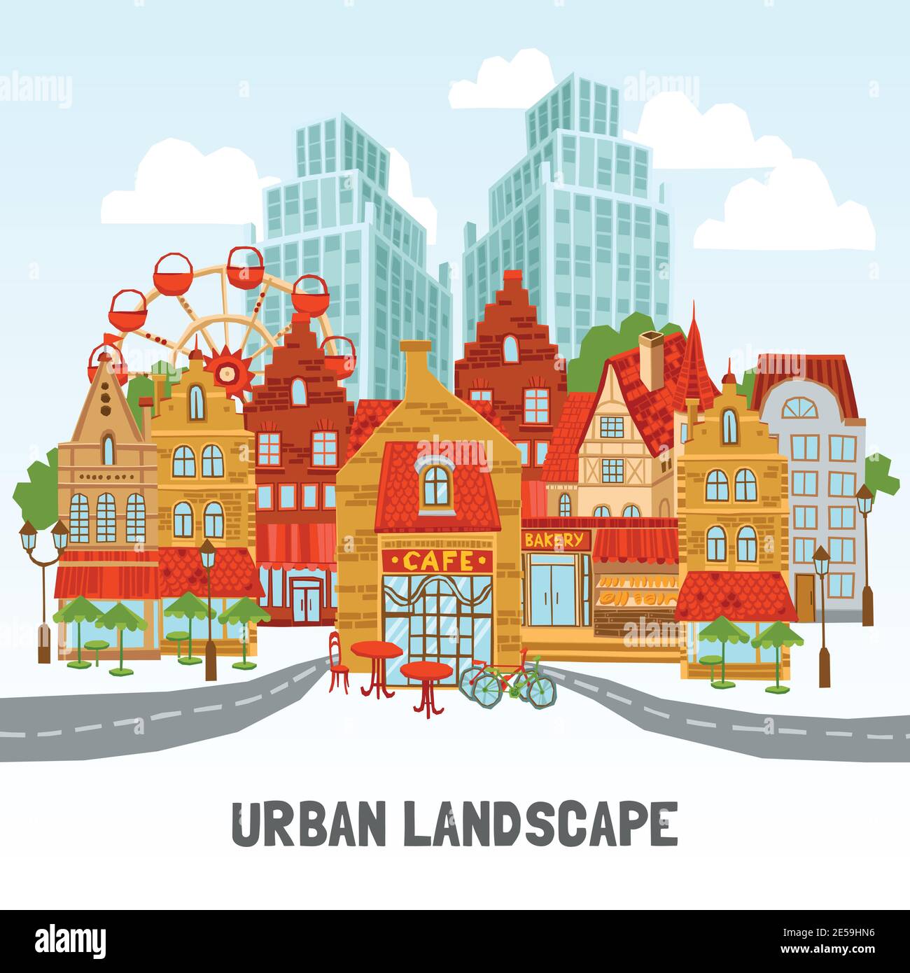 City concept with old style buildings and modern skyscrapers flat vector illustration Stock Vector