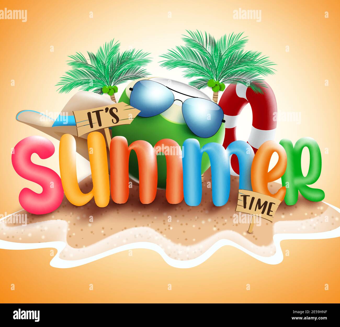 Summer time vector banner background. It's summer time text in beach island  sand with tropical season elements like palm tree, sunglasses and lifebuoy  Stock Vector Image & Art - Alamy