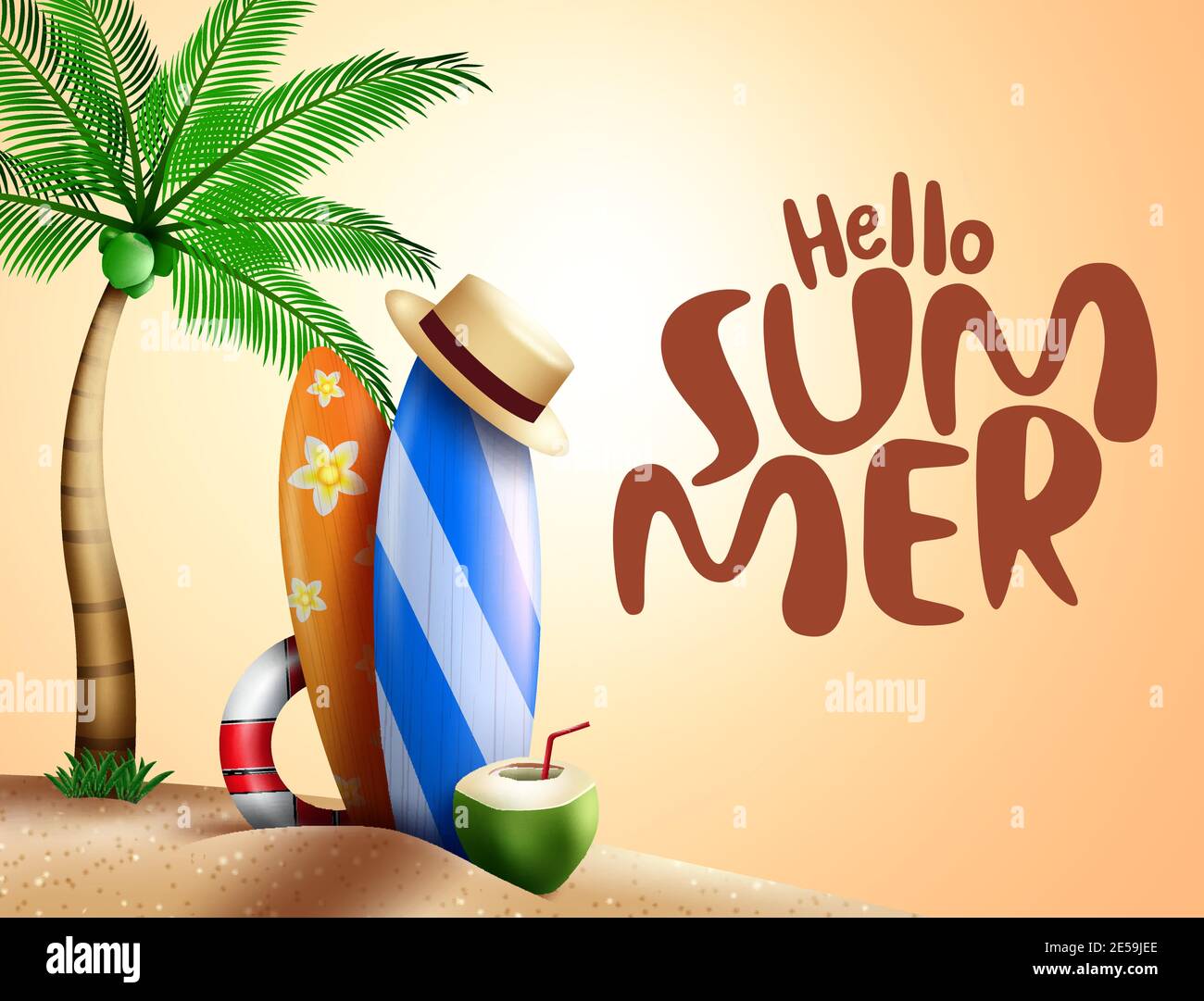 Hello summer vector banner background. Hello summer text in beach sand with elements of surfboard, hat and palm tree for fun and enjoy warm holiday. Stock Vector
