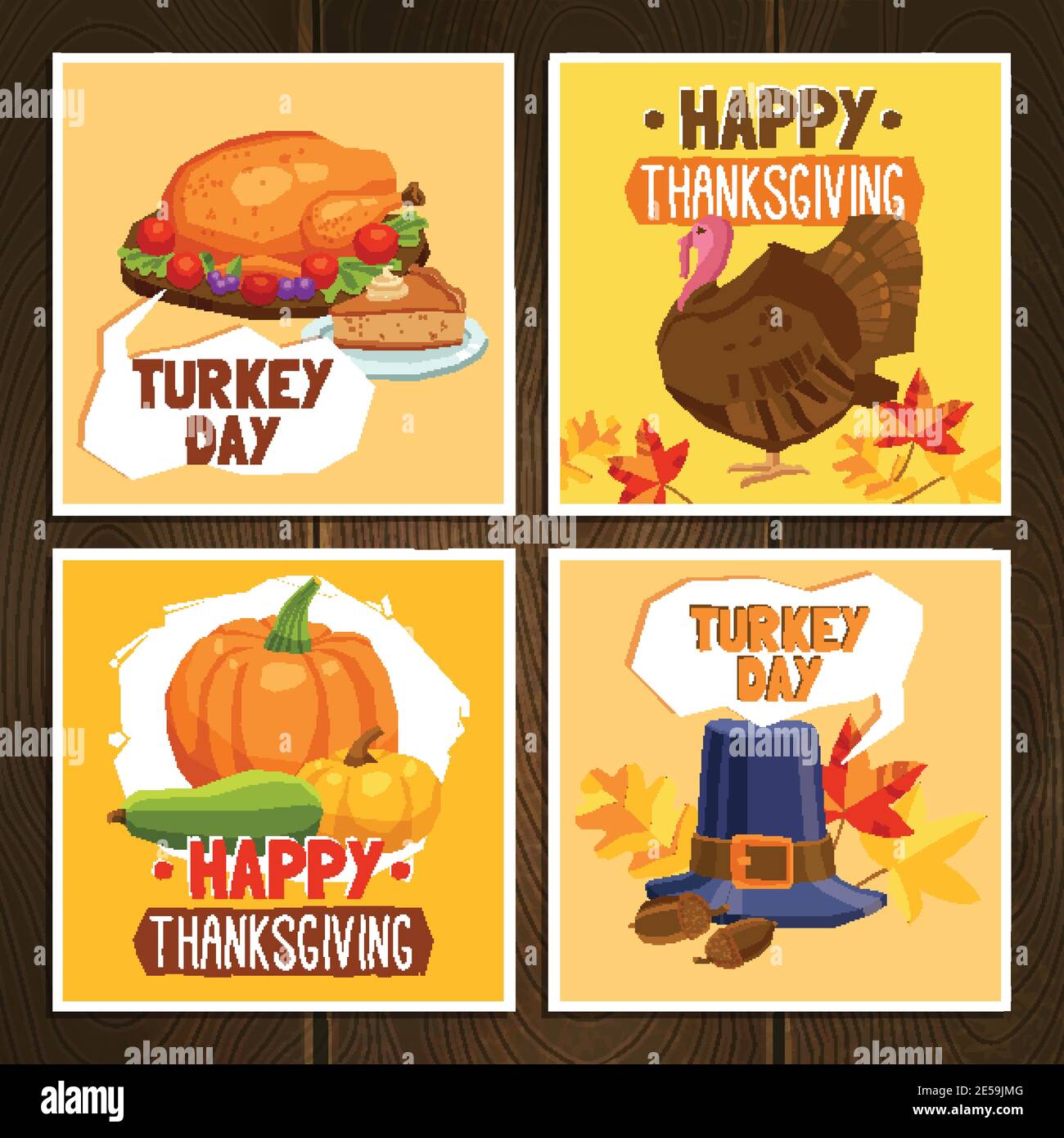 Thanksgiving day greeting cards set with traditional symbols and turkey ...
