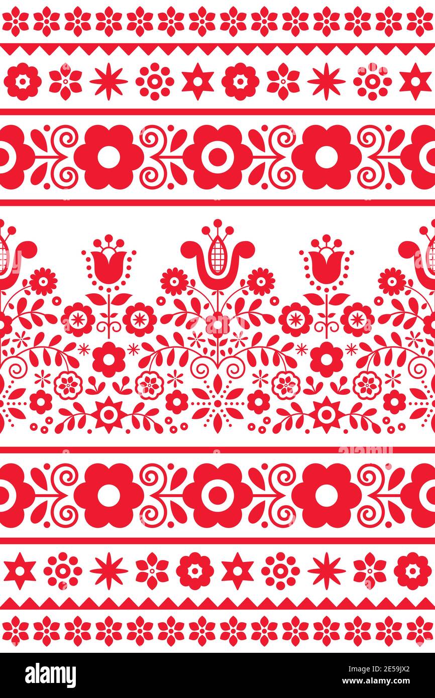 Polish traditional folk art vector seamless textile or fabric print pattern with flowers, hearts and leaves - Lachy Sadeckie Stock Vector