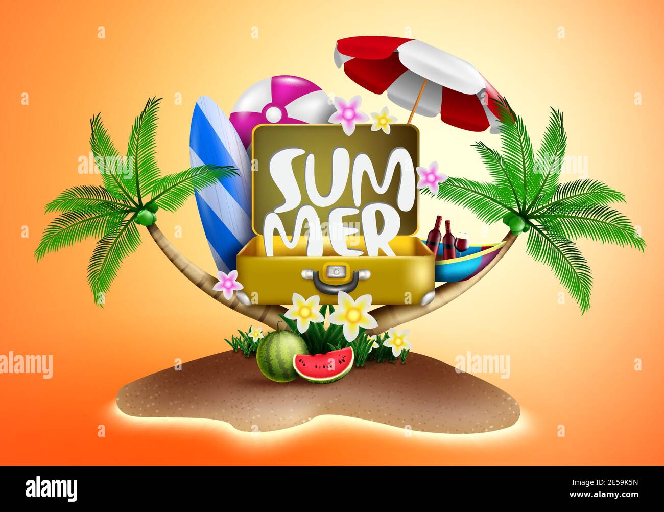 Summer vector concept design. Summer text in suitcase travel bag with ...