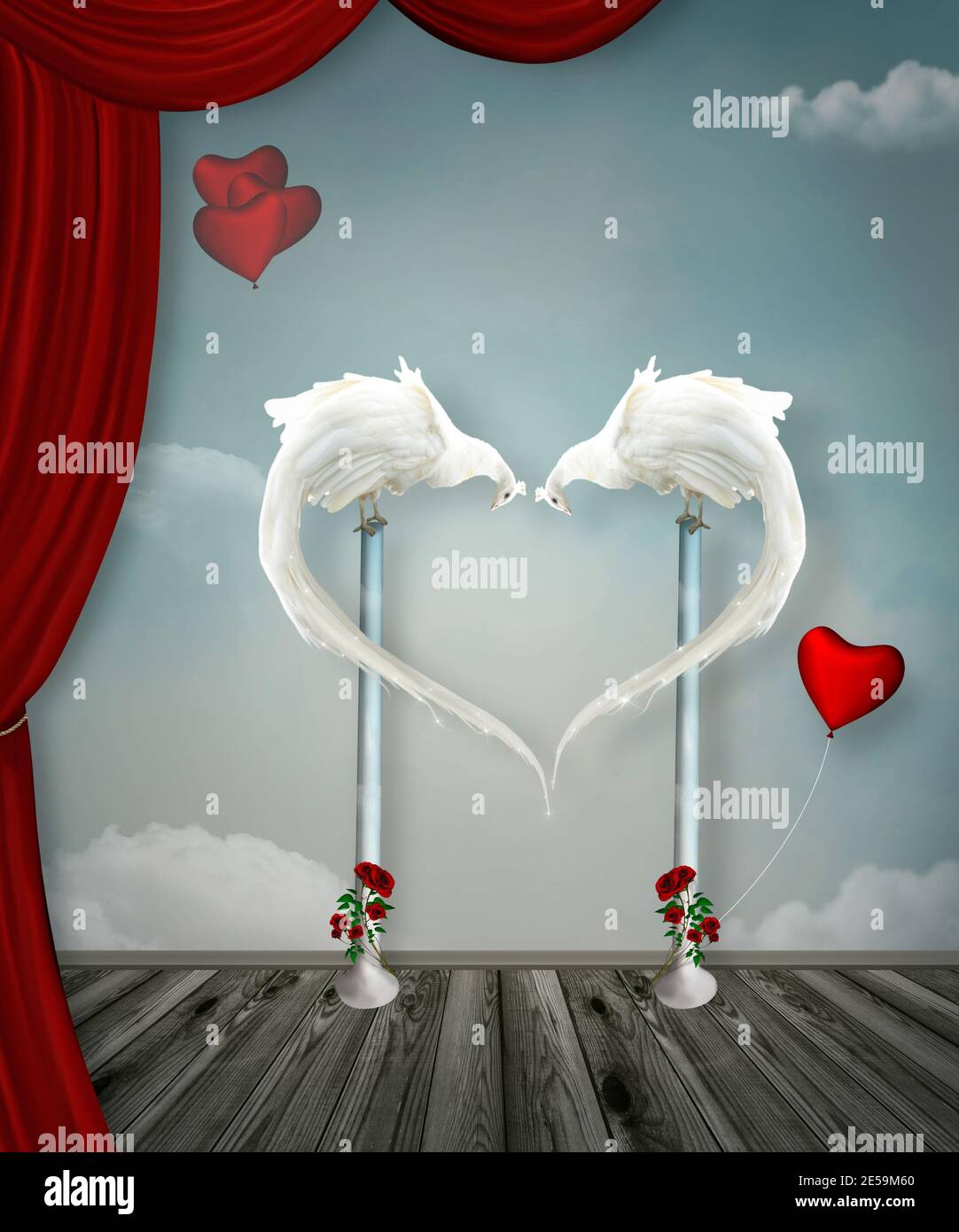Surreal heart created by two white peacocks Stock Photo