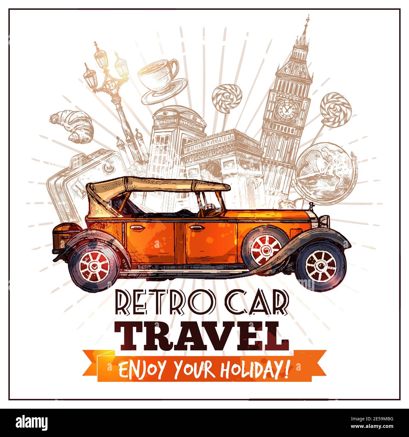 Retro car travel poster with sketch auto and world landmarks on background  vector illustration Stock Vector Image & Art - Alamy